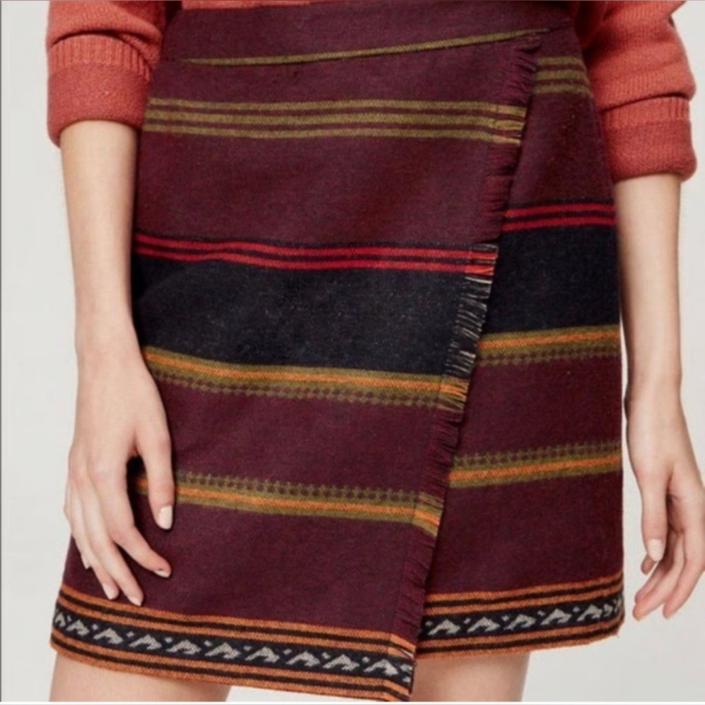 Ann Taylor Loft Southwestern Blanket Fringe Faux Wrap Skirt Wool Blend 14 Tall.